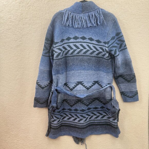 Badgley mischka Blue black Jacquard knit Shawl Belted Fringe long cardigan L NWT - Picture 3 of 12